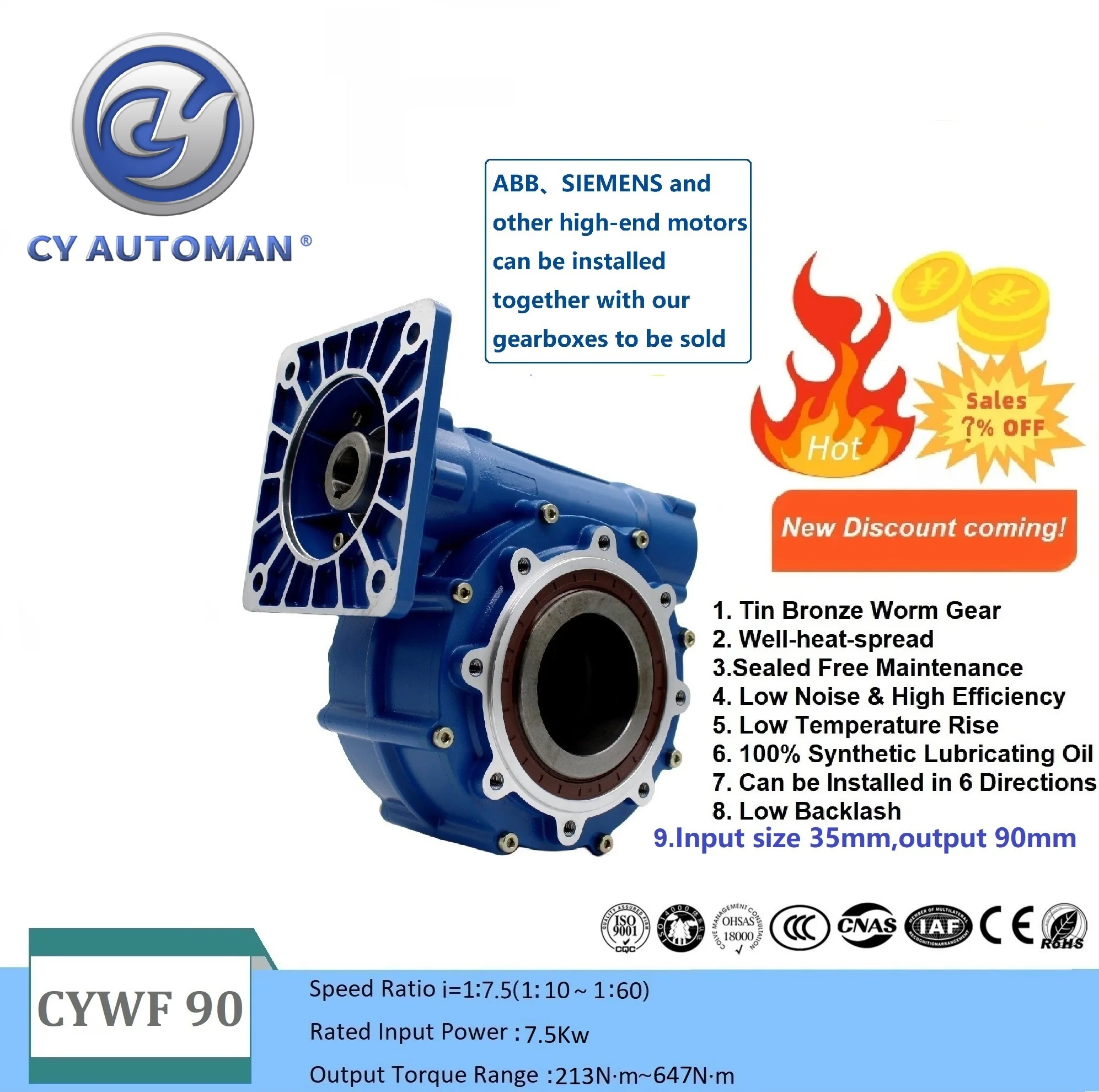 

CYAutoman Worm Gearbox Free Maintenance CYWF90 Input 35mm Output 90mm Ratio 7.5:1/100:1 for Boring Machines