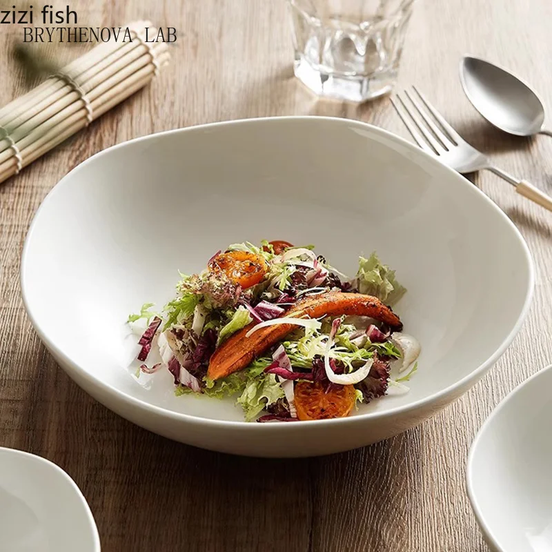 White Wave Mouth Ceramic Salad Bowl Thick Soup Bowl Dessert Noodles Sashimi Restaurant Featured Tableware