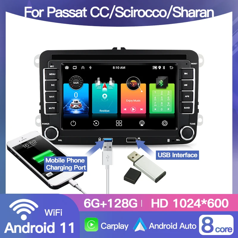 2 Din Car Android CarPlay Radio GPS Multimedia For Volkswagen VW Passat CC/Scirocco/Sharan Auto Stereo Wifi BT Player RDS DSP