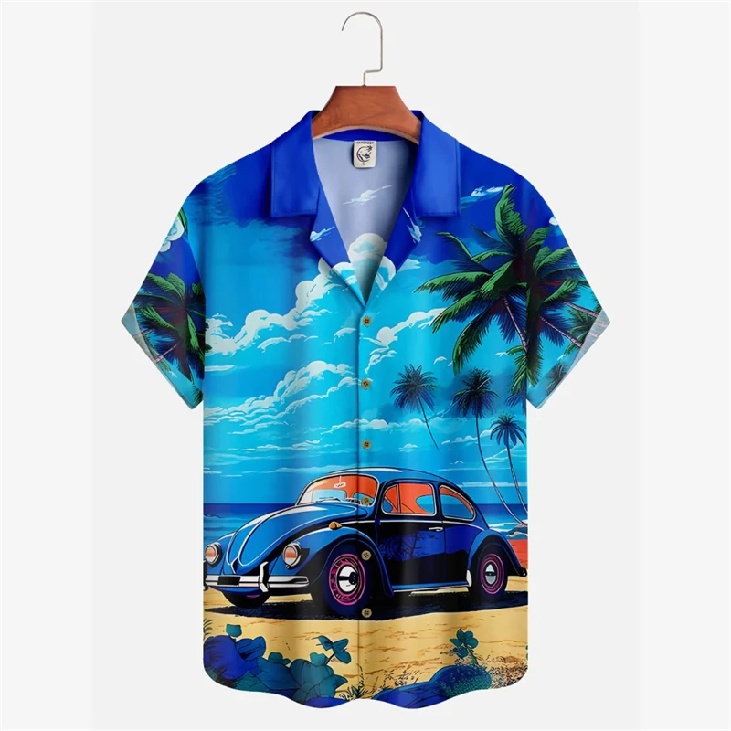 

Vintage Car Graphic Hawaii Beach Shirt Men 3D Print Retro Tropic Coconut Tree Short Sleeve Shirts Fashion Hrajuku Women Clothing