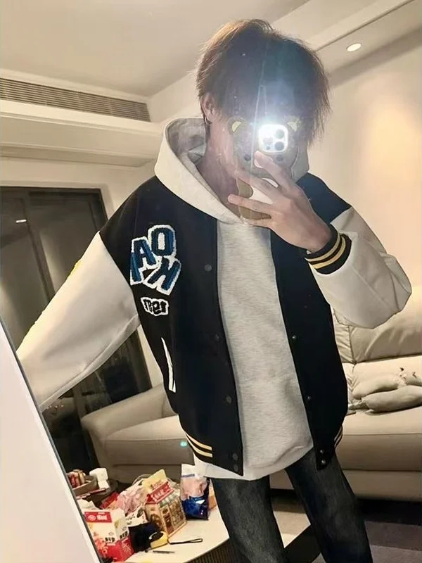 Jaet con letras bordadas Retro americanas, ropa de abrigo holgada de béisbol para hombre, moda Otoño Invierno, chaqueta fresca versátil