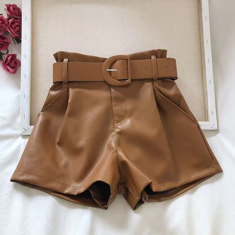 Women Paperbag Leather Shorts With Belt Pockets Spring Winter Faux Leather Wide Leg High Waist Shorts Black Coffee Color Outfit