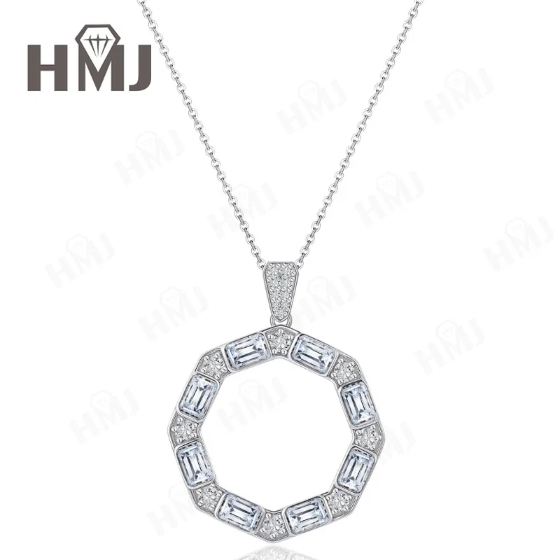 925 Sterling Silber Halskette mit Baguette-Schliff Moissanit Oktagonaler Kreisanhänger Hohlkreiskette Schmuckgeschenk für Frauen Charms – Detail 5