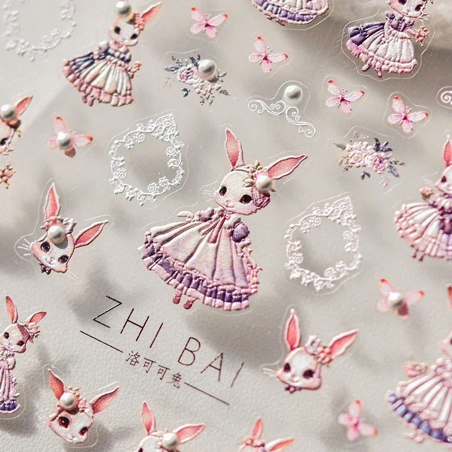 Sweet Rococo Pink Bunny Dress Pearl Butterfly Soft Relief Self Adhesive 5D Nail Art Decoration Cute Rabbit Sticker 3D Nail Decal