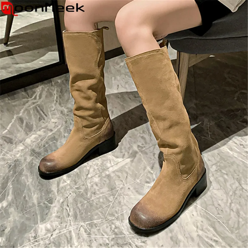 

MoonMeek 2023 New Cow Suede Knee High Boots Ladies Spring Autumn Western Boots Slip On Square Med Heels Women Boots