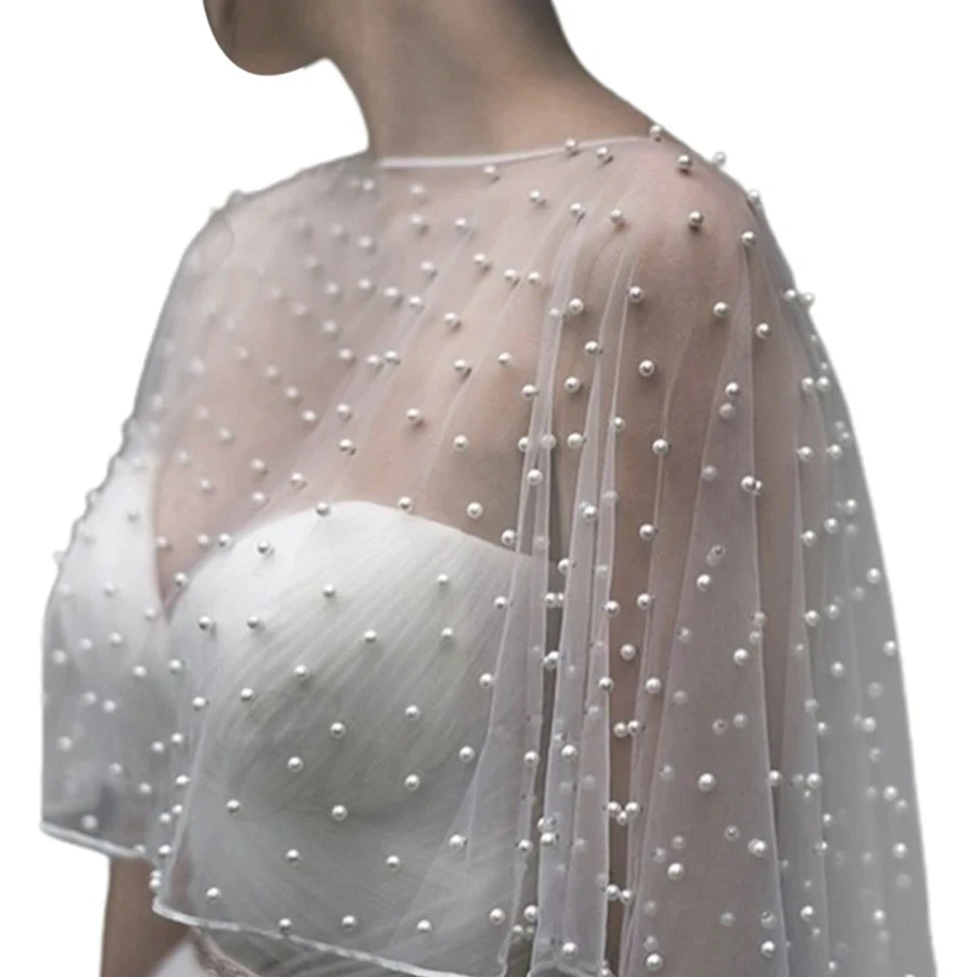 Womens Wedding Bridal Shawl Wrap Capelet See-Through Pearl Beads Jacket Bolero Tulle Cape Bridesmaid