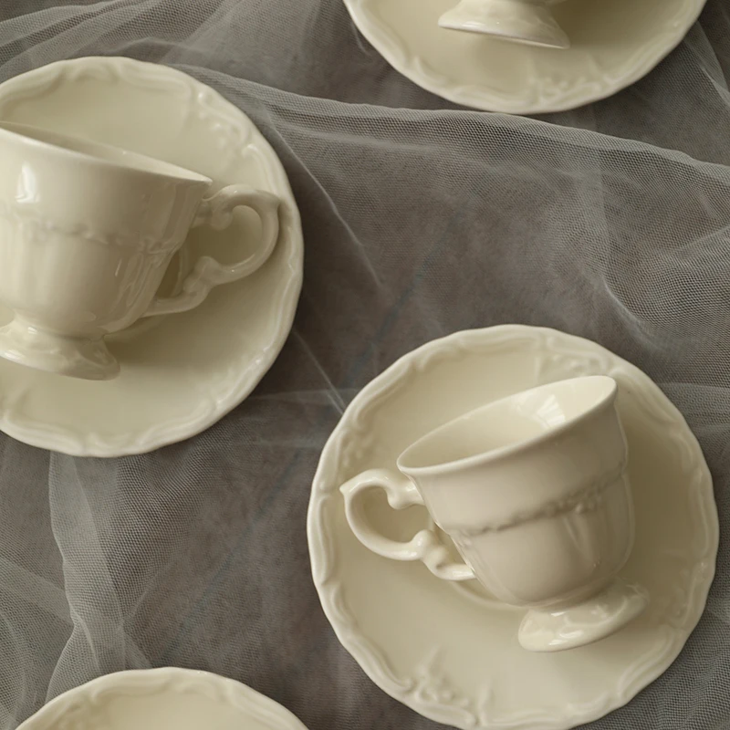 France Romance Cream Color Cup and Saucer European Modern Porcelain Mug Relief Craftsmanship Cup