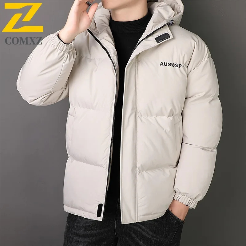 COMXZ Men Winter Cotton Coat Trendy Hooded Thickened Camping Lightweight Padded Jacket Cold Weather Warm Street Style Outerwear
