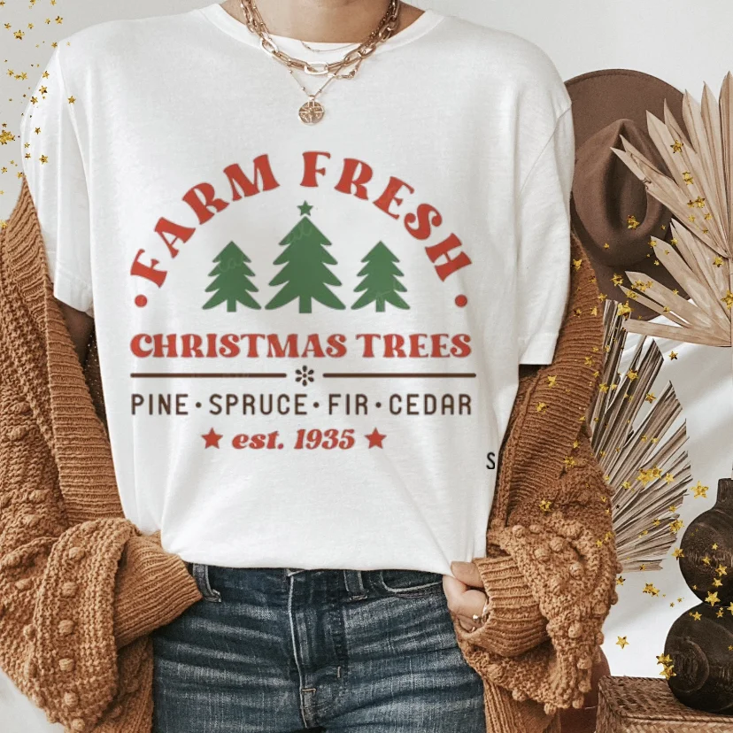 Women's New Year Top T-Shirt Short Sleeve Trendy Style Cute Clothing Women's Summer Cartoon Fashion Christmas Tree Pattern T-Shi