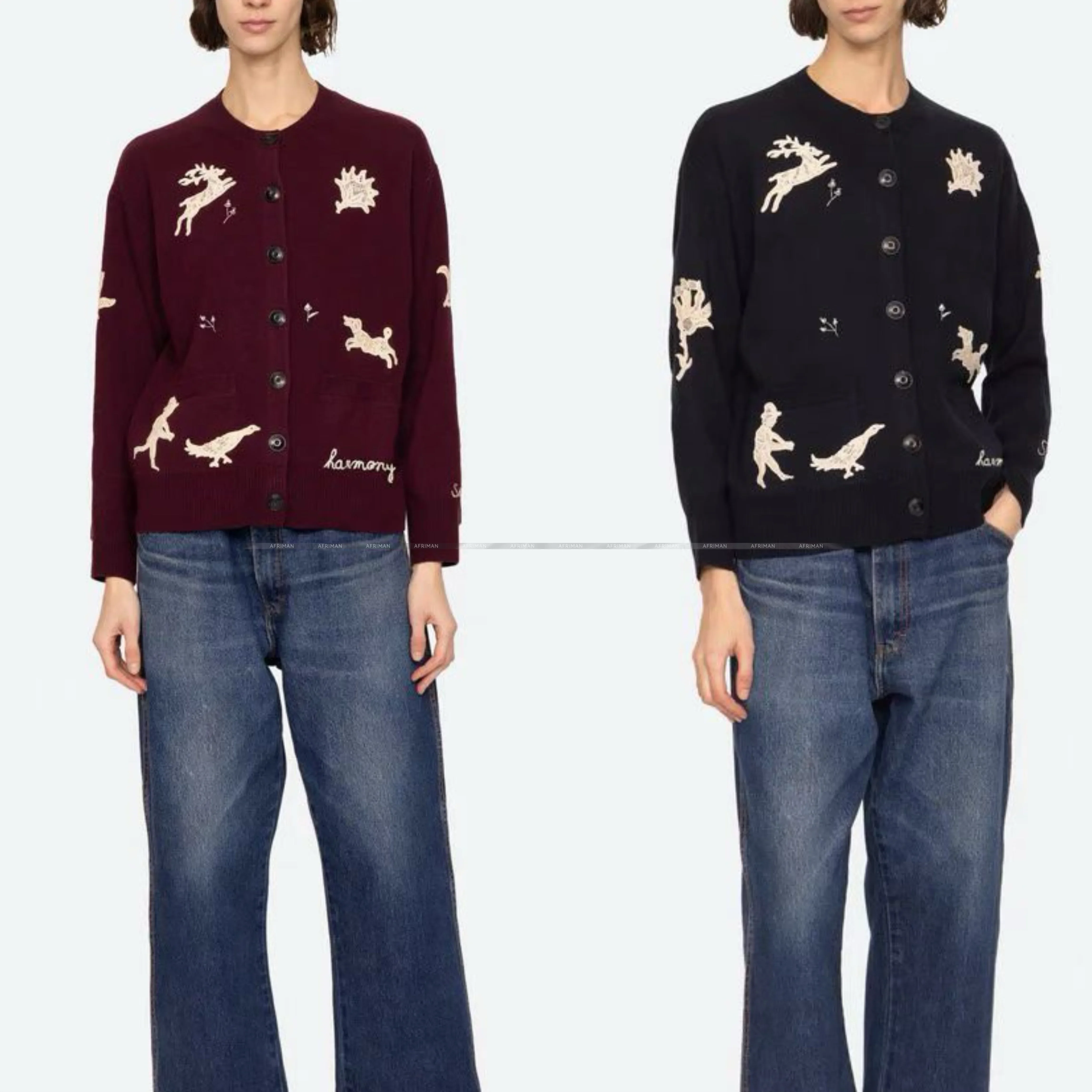 

Women Cartoon Animals Embroideried Round Neck Long Sleeve 100% Wool Cardigans Coat