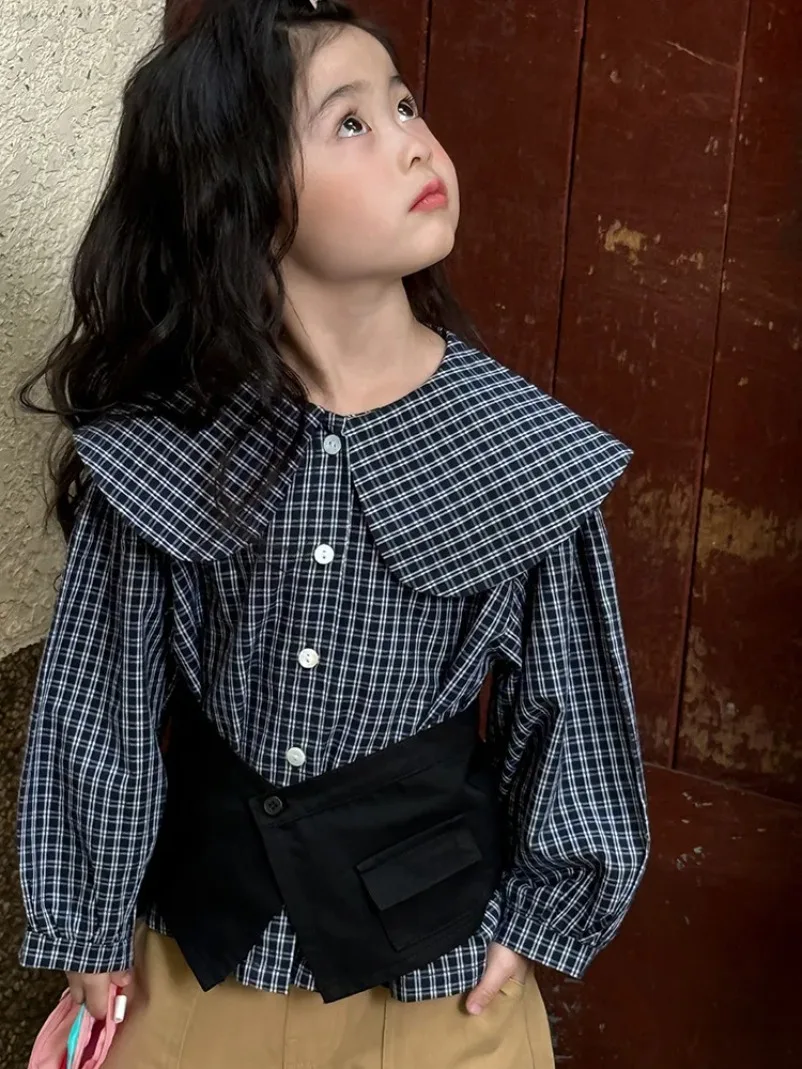 

Осенние клетчатые рубашки для маленьких девочек, топы с рукавами-фонариками, детские повседневные свободные блузки в корейском стиле, новинка 2025 года
