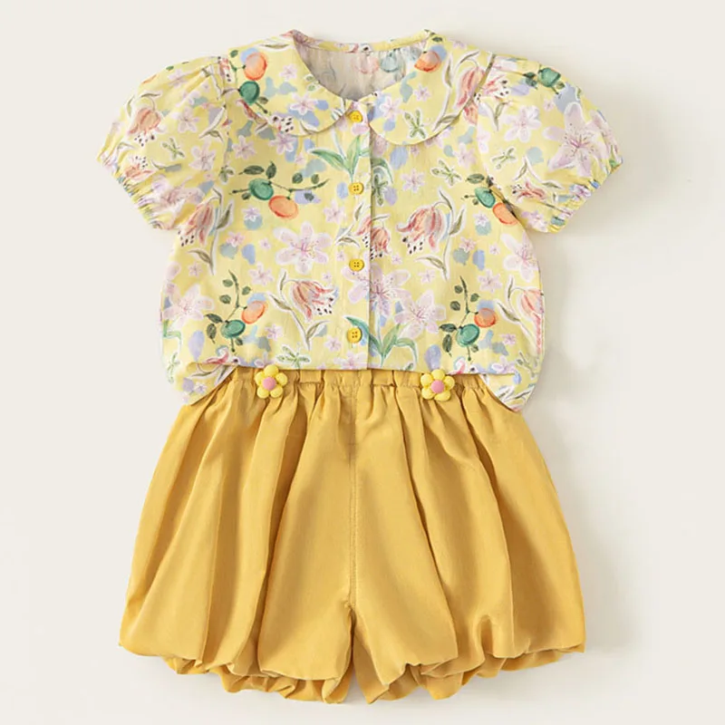 

2Piece Sets Summer Baby Girl Clothes Fashion Cartoon Cute Flowers Print Short Sleeve Tops+Shorts Boutique Kids Clothing B100