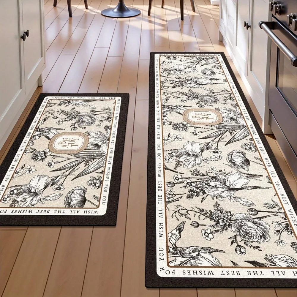 Floraler Küchenteppich, Mattenteppich – Sonnenblumen-Schmetterling und Vintage-Linienkunst-Design für Esszimmer, Heimdekoration, Bodenmatte, Schlafzimmer