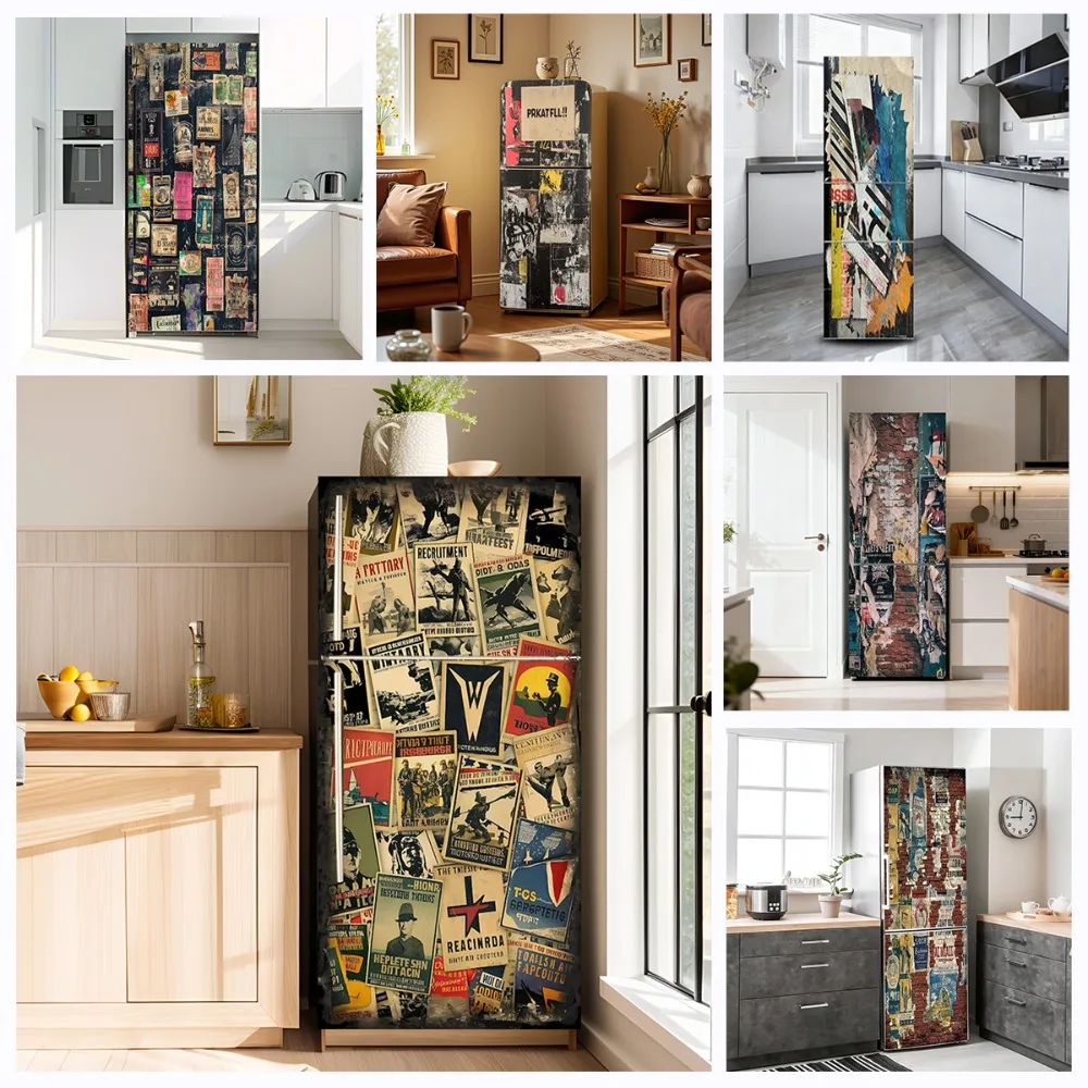 Vintage Collage Old Poster Fridge Door Sticker 2D Flat Self Adhesive Torn Retro Refrigerator Wrap Decal Kitchen Cabinet Decor
