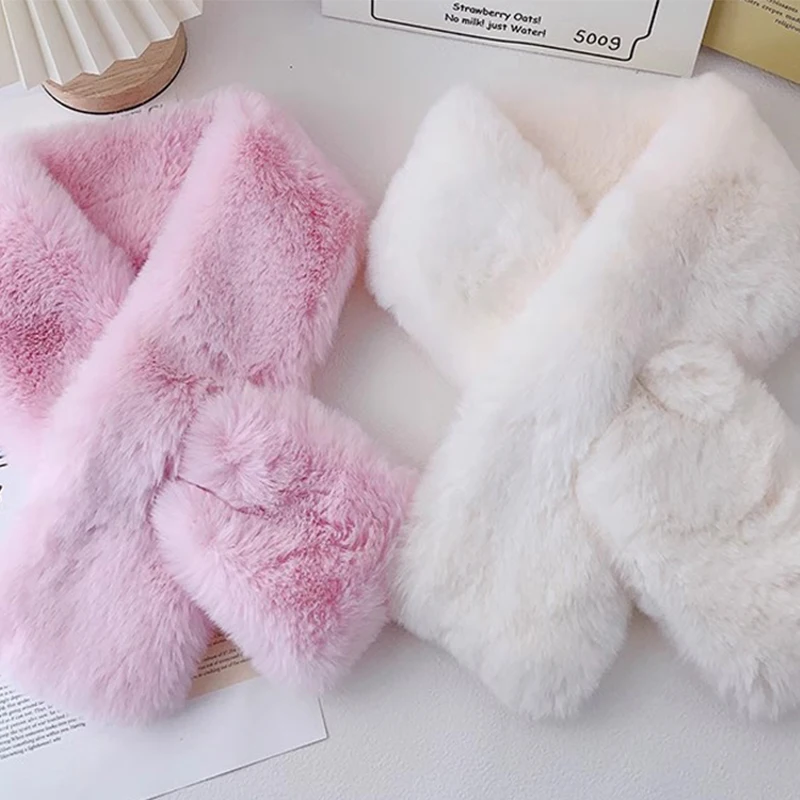 Women Winter Warm Thicken Cross Collar Scarf Solid Color Faux Rabbit Fur Plush Elegant Shawl Scarfs Neckerchief Wrap Neck Warmer