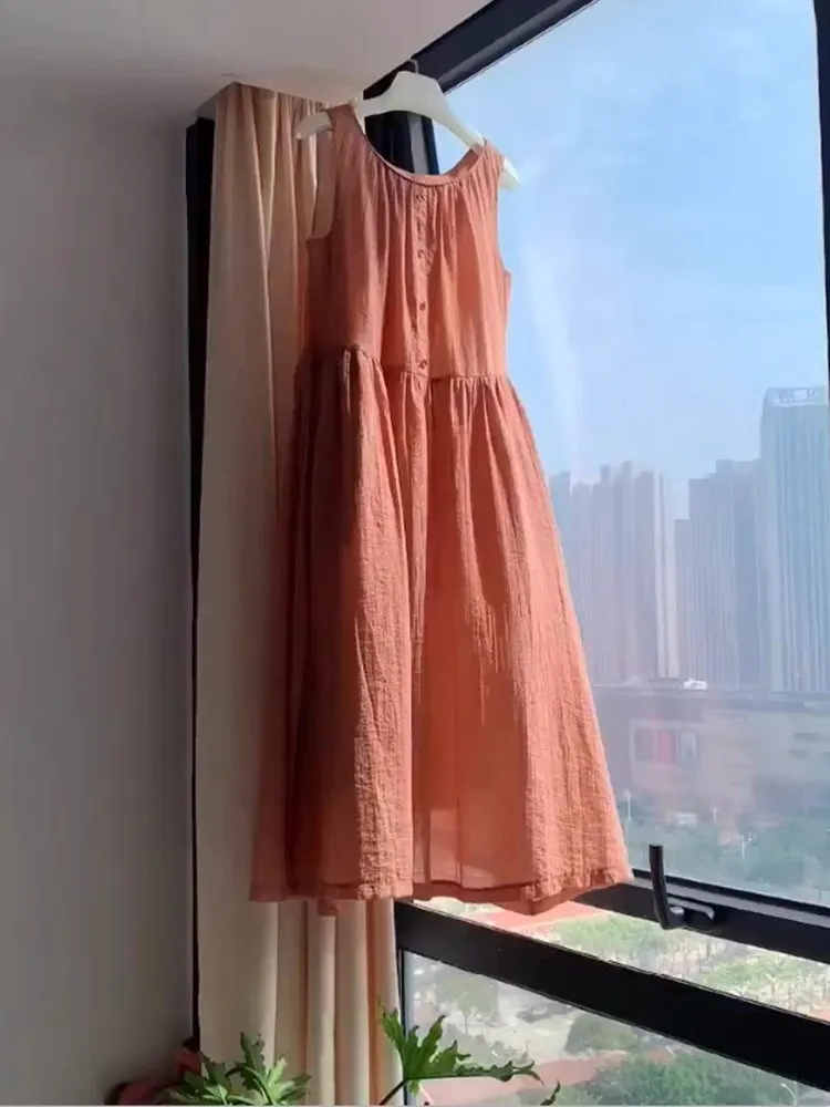 

New Retro Japanese Style Sweet Soft Hong Kong Flavor Bean Paste Color Vest Dress Casual Artistic Long Skirt for Women