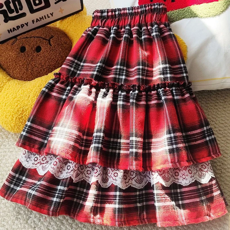 Sweet Lolita Mini Skirt Women Summer Plaid Lace Patchwork Hottie Cake Skirts Y2K Harajuku Kawaii High Waist Student Pleats Skirt