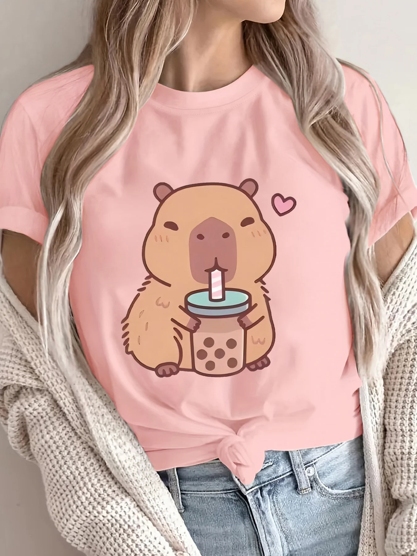 Summer Cute Cartoon Capybara Boba Print Women's Tees Shirt Tops Casual Fashion Short Sleeve Round Neck Cool Breathable Top