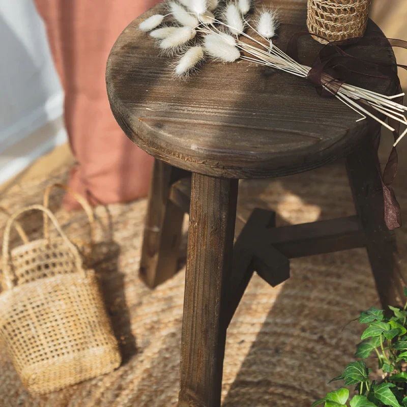 

Handcrafted Round Potted Plant Base Vintage High Stool Anti-Rot Wooden Bench Stable Plant Display Stand for Living Room/Garden