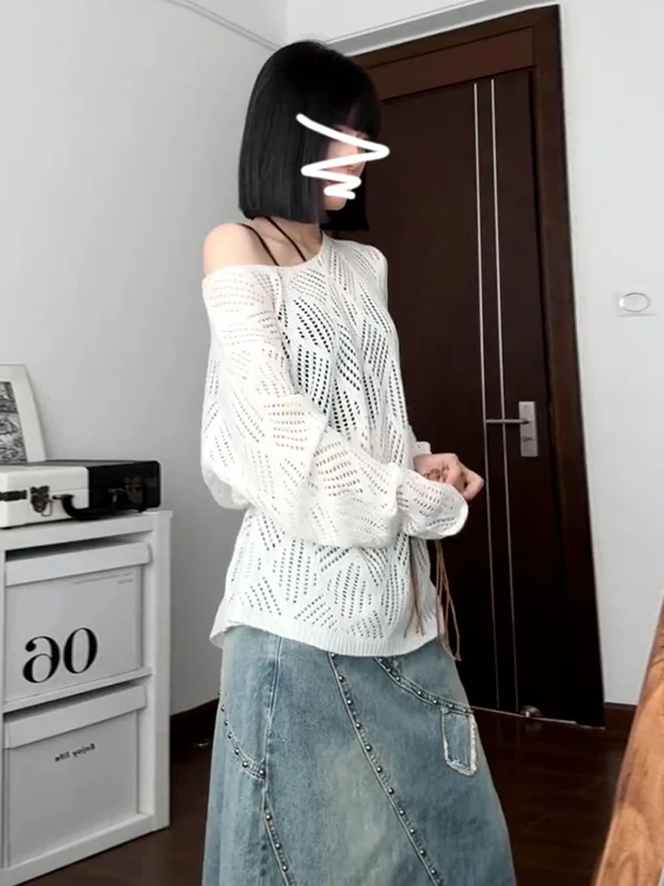 

Новинка 2025, белый вязаный топ с открытыми плечами, женская летняя корейская свободная верхняя одежда, тонкая солнцезащитная накидка