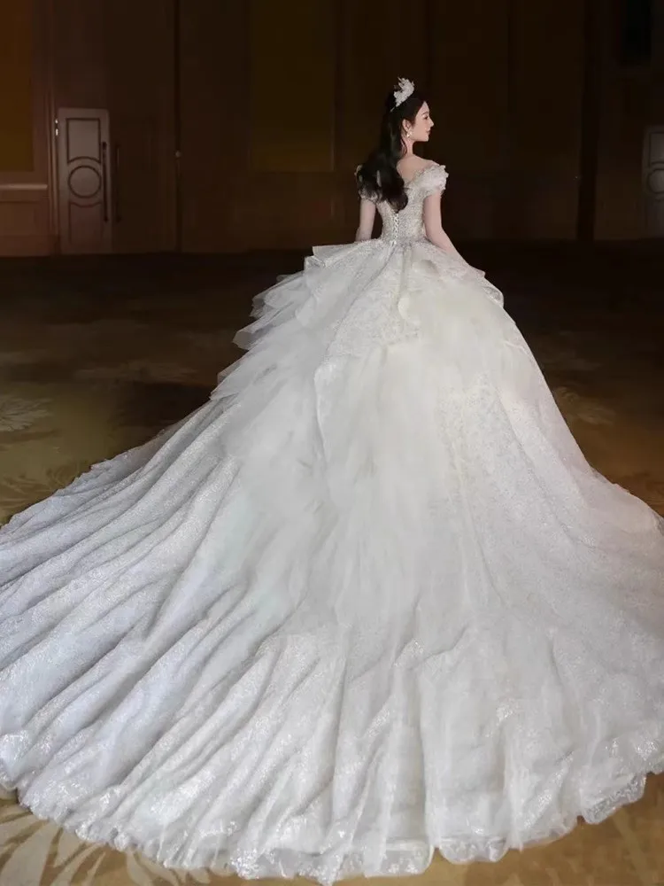 Main Wedding Dress Bride 2026 New Advanced Texture off-Shoulder French Heavy Industry Retro Large Tail Wedding Spring