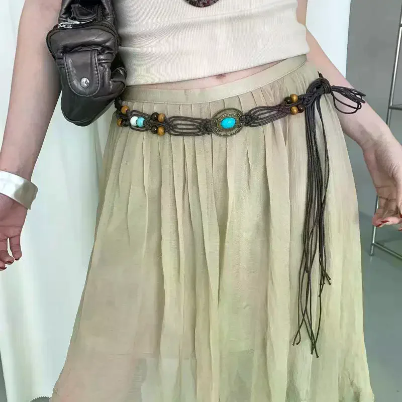 Boho Ethnic Style Beaded Waist Rope High-Quality Braided Belt For Dresses Skirts, Adjustable Waistband For Beach & Casual Outfit