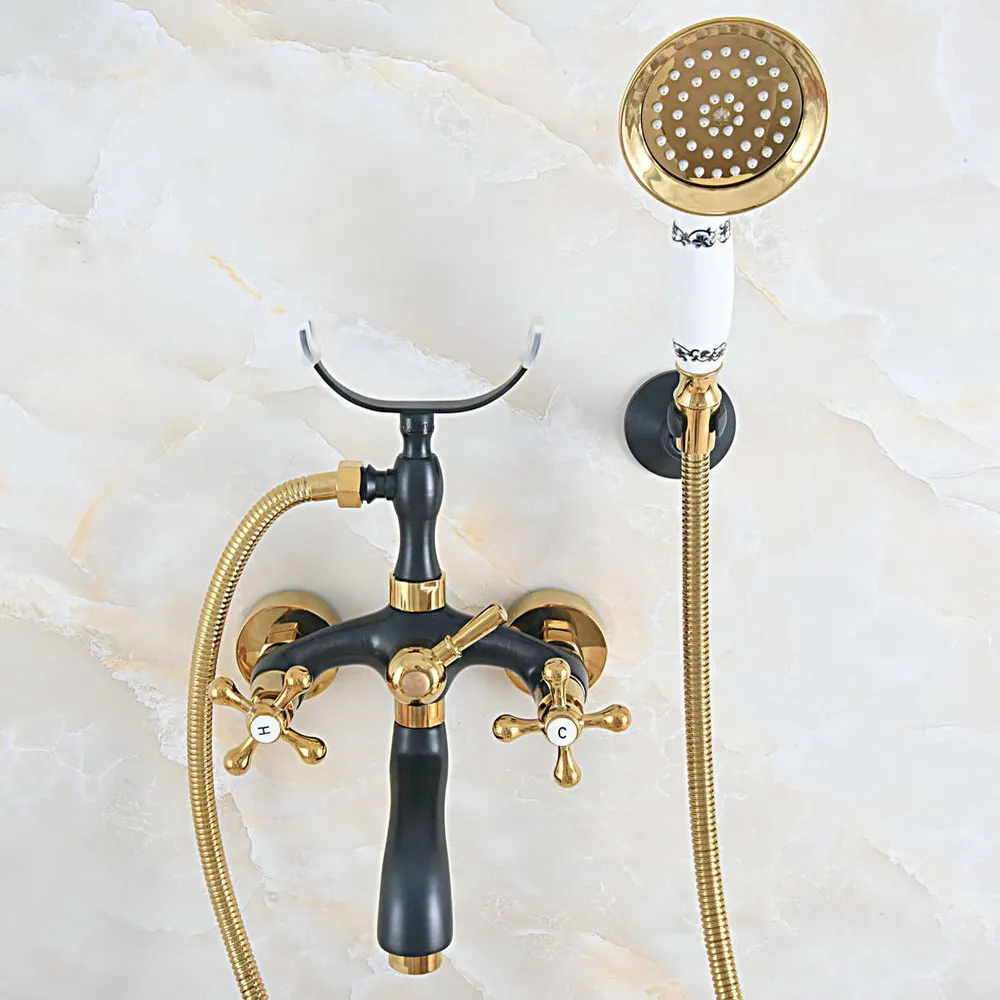 Gold & Black Oil Rubbed Brass Wall Mounted Bathroom Bath Tub Faucet Set with 1500MM Hand Held Shower Spray Mixer Tap 2na578