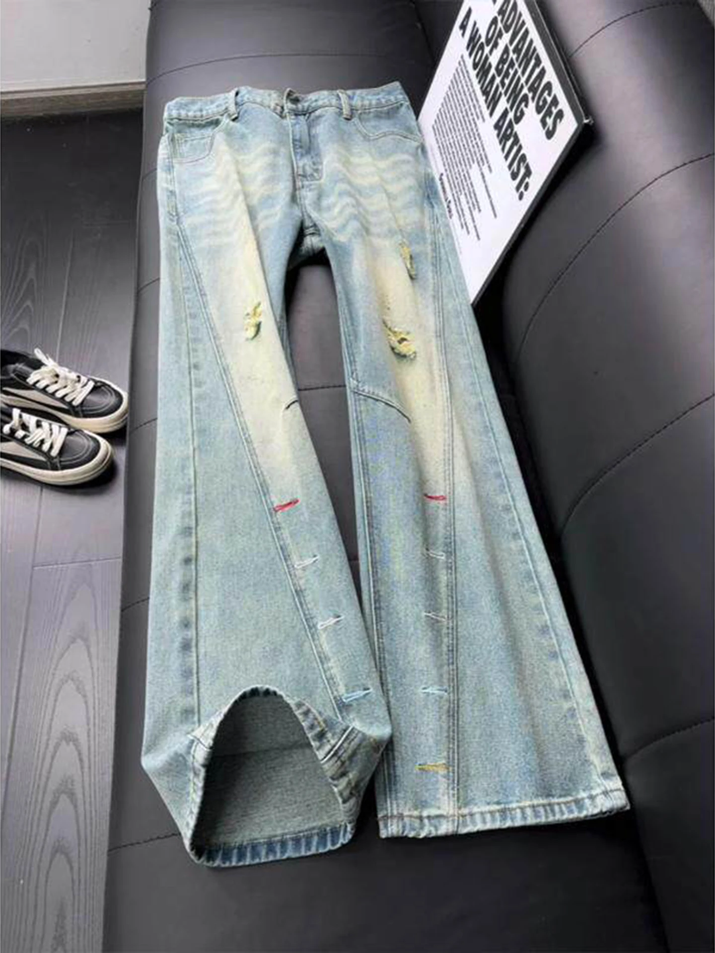 

Men's Distressed Denim Jeans Button Eye Embroidery Slimming Bell Bottoms Knife Design Straight Leg Cotton Blend Jeans