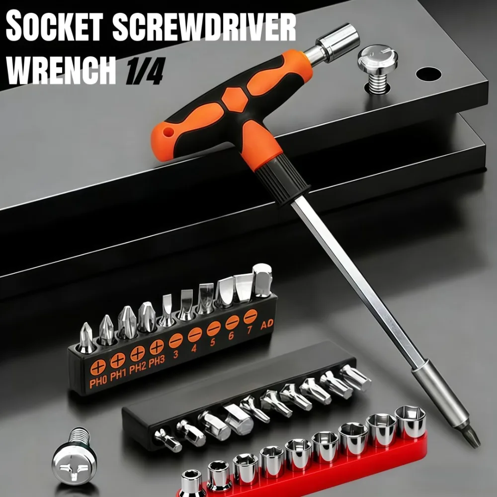 1/4 T-Shaped Hexagonal Socke Wrench 5-13mm Chrome Plated Wrench T-shaped Replaceable Bit Screwdriver Manual Tool Screw Bit Set