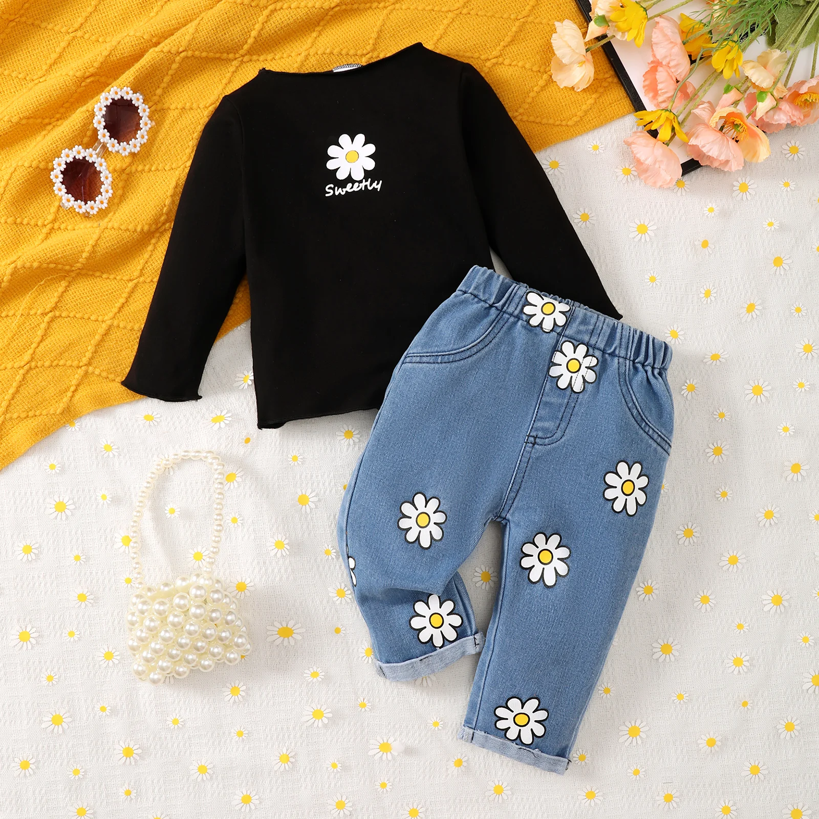 Baby Girls Clothes Outfit Flower Print Round Neck Long Sleeved Shirt Top Cowboy Pants 2-Piece Infant Toddlers Set