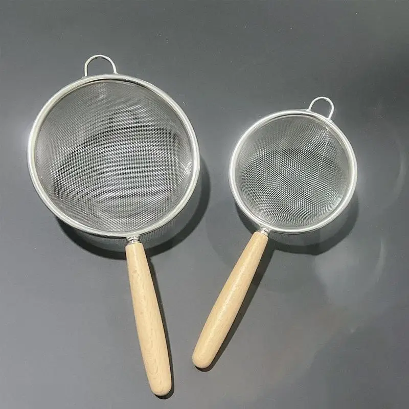 

304 Stainless Steel R esidue Filter Spoon Wooden Handle Fine Mesh Colander For Soybean Milk Juice Kitchen Gadget Flour Sieve S/L