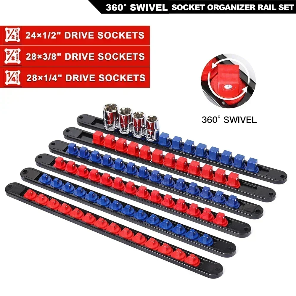 360° Swivel ABS Socket Organizer 1/4Inch 3/8Inch 1/2Inch Premium Quality Socket Clip Rail Holder socket organizer tools Blue&Red