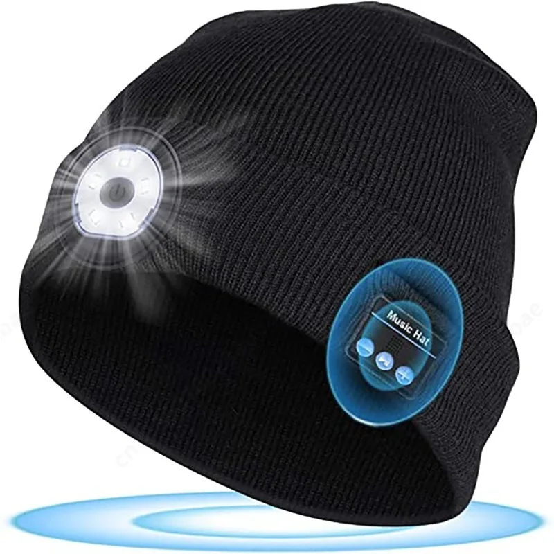 LED Knitted Beanie Hat with Bluetooth, Dual Speaker Music & Call, Outdoor Lighting Headlamp for Winter Activity
