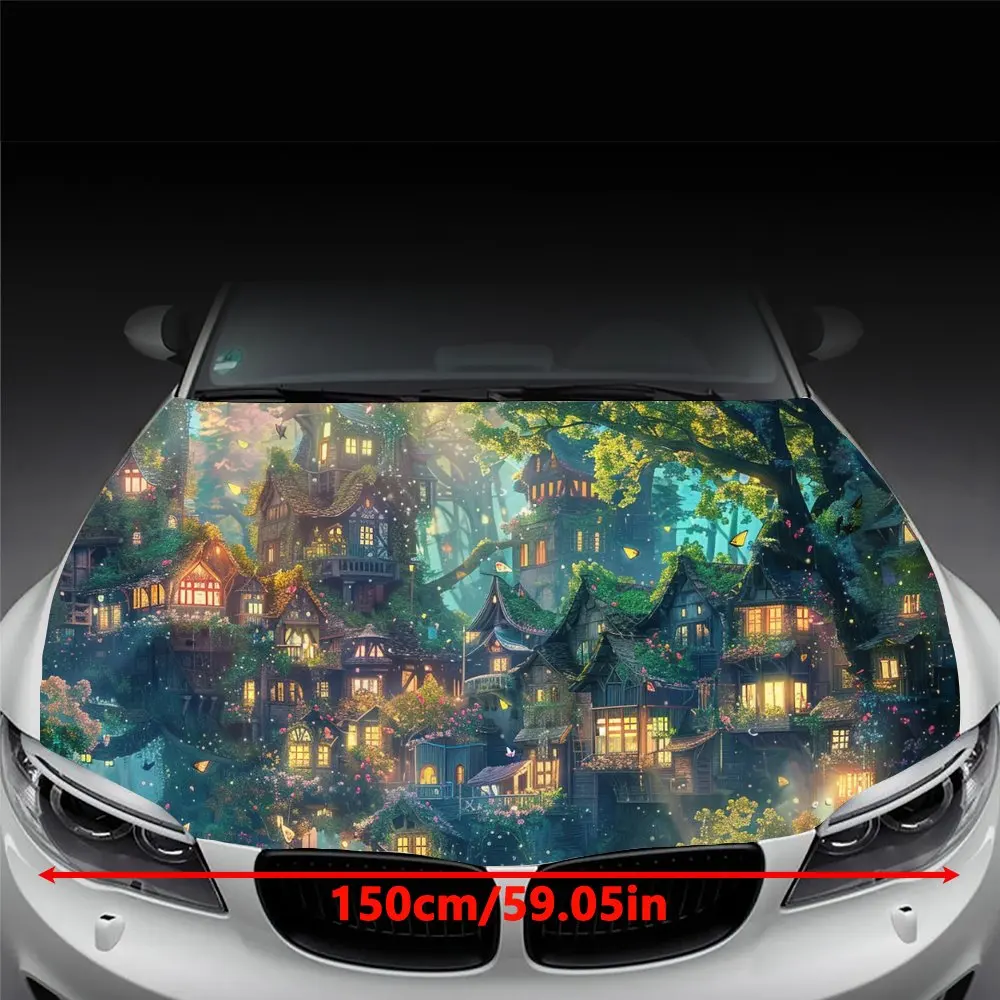 Beautiful Forest City Houses Print Car Hood Wrap Color Vinyl Sticker Truck Graphic Bonnet DIY Auto Accessories Decoration Decal