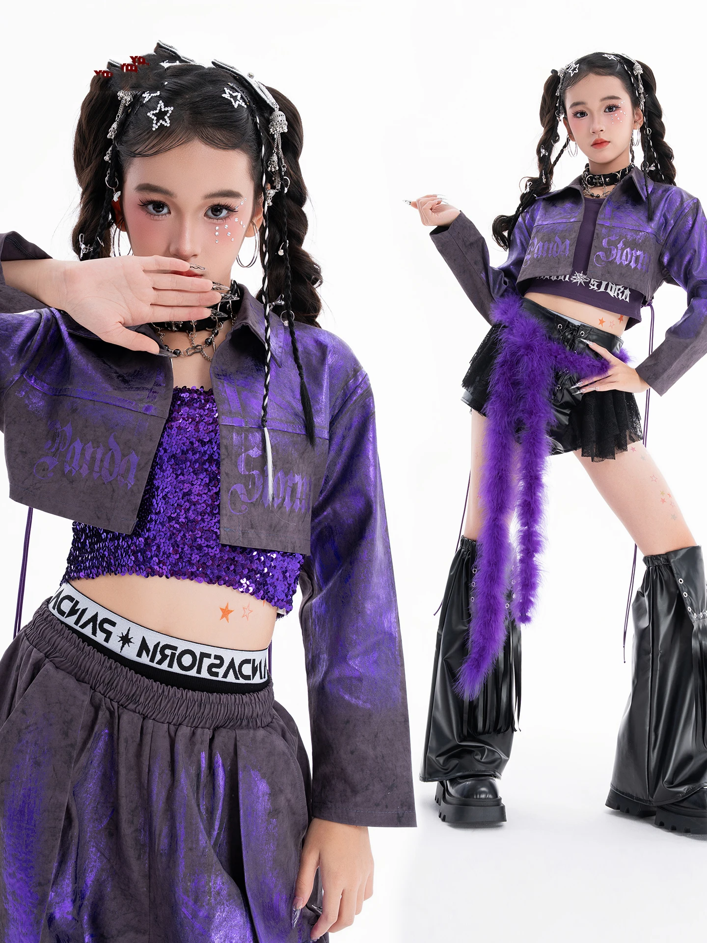 2025 Children Ballroom Hip Hop Dance Costumes For Girls Purple Crop Tops Loose Pants Streetwear Jazz Performance Clothes XH3728