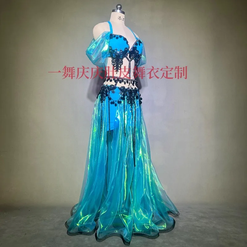 Aangepaste buikdansjurk Dames Oost-Egyptische Indiase dans Oceaan Fantasie Blauwe set Prestatiewedstrijdkostuums