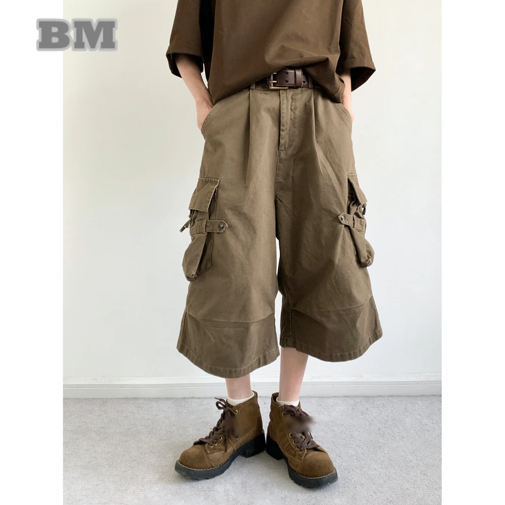 

Японские шорты-карго, летние унисекс, винтажные свободные шорты с несколькими карманами в стиле Харадзюку, 7-дюймовая рабочая одежда до середины икры, высокое качество, уличная повседневная одежда