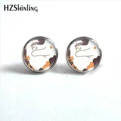 Cartoon Black Cow Calico Cat 12mm Round Stud Earrings Glass Cabochon Stud Earrings Handmade Ear Jewelry for Women