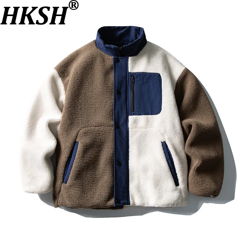 HKSH Winter New Women's Padded Coat Patchwork Contrast Color Stand Collar Multi-pocket American Retro Couple Warm Jacket HK15343