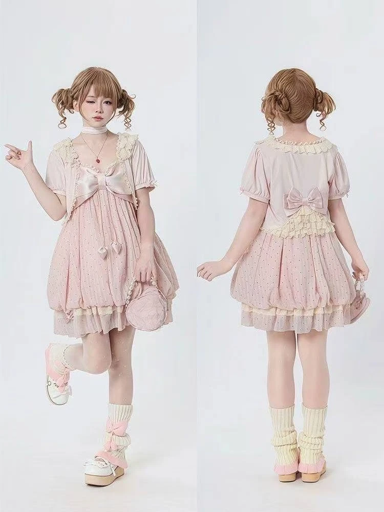 Y2k Japanese Vintage Outfits Women Sweet Lolita Ruffle Tops Bow Mini Dress 2 Piece Sets Kawaii Casual Suits view 4