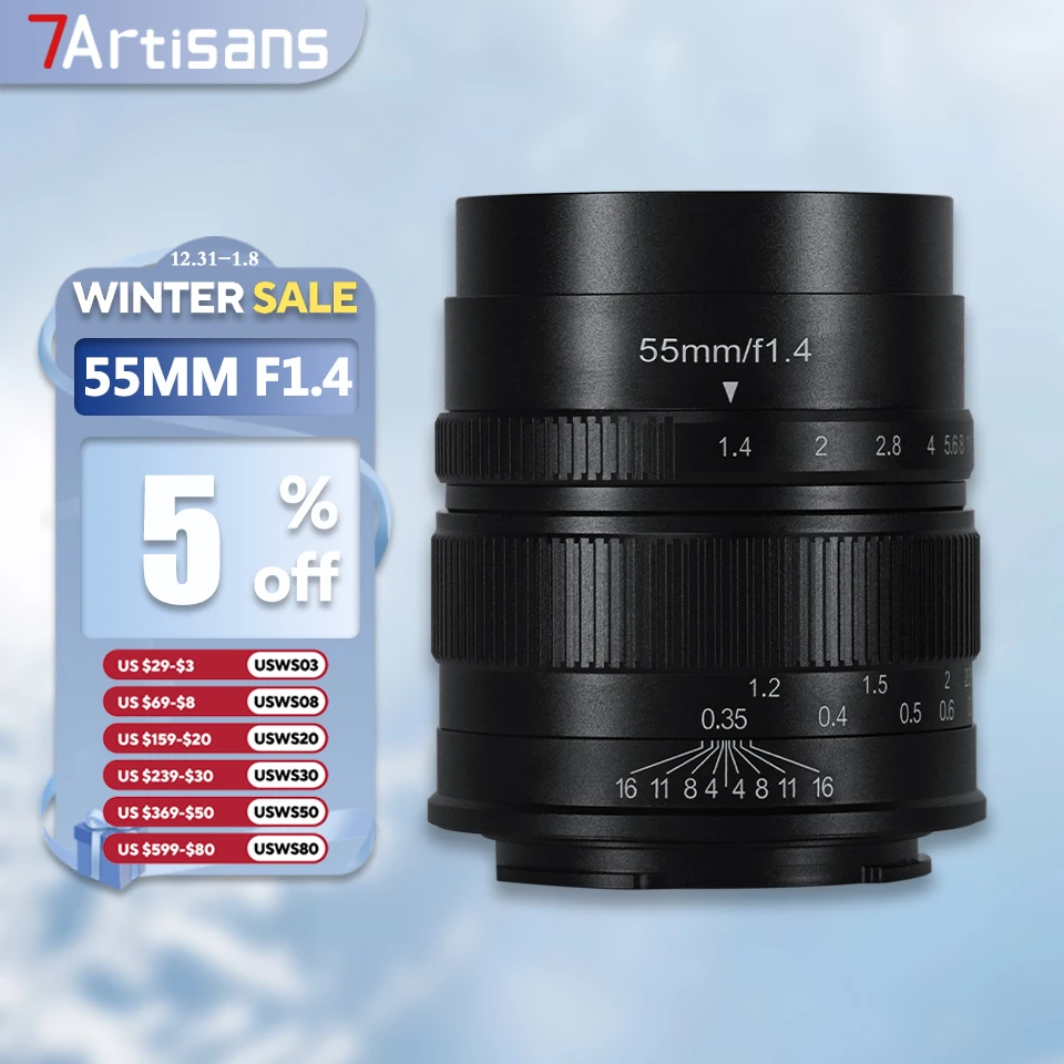 7artisans MF 55mm F1.4 APS-C Medium Telephoto Humanities Large Aperture Camera Lens for Sony E Fujifilm XF Canon EOS-M M43 Mount