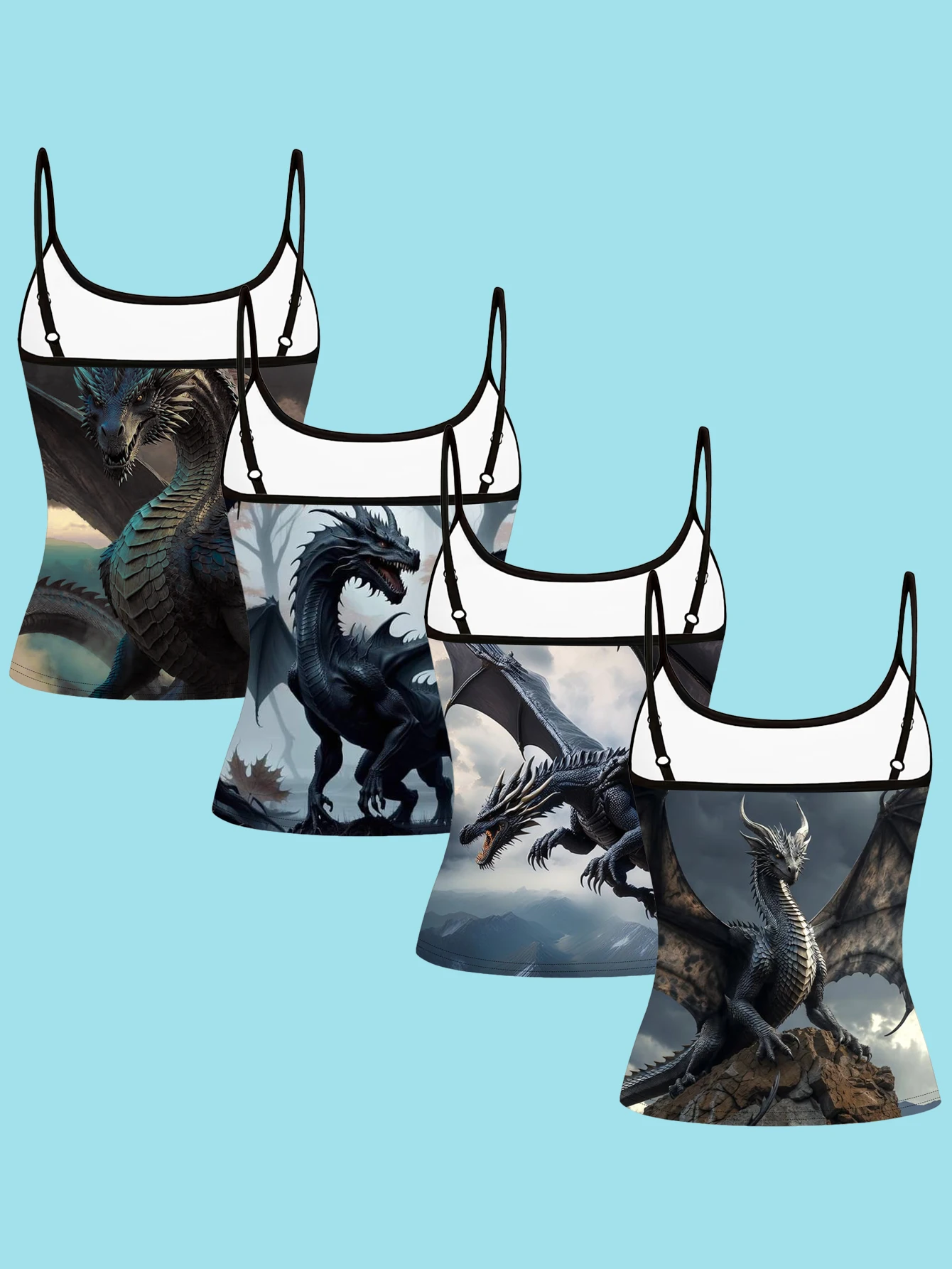 4-Piece Set of Epic Mythological Dragon-Themed Camisole Set with Dark Monster Patterns, Slim-Fit Women's Inner Tank Top