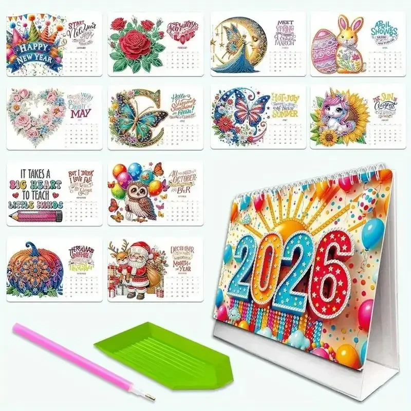 Calendario per pittura con diamanti 2026 Calendario mensile Diversi modelli su ogni pagina Kit per pittura con diamanti fai-da-te Ornamento da tavolo