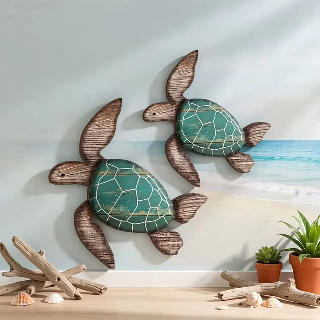 2Pcs Vintage Wooden Sea Turtle Wall Stickers, Rustic Turtle Decor for Bathroom Coastal Home with Nano Tape view 5