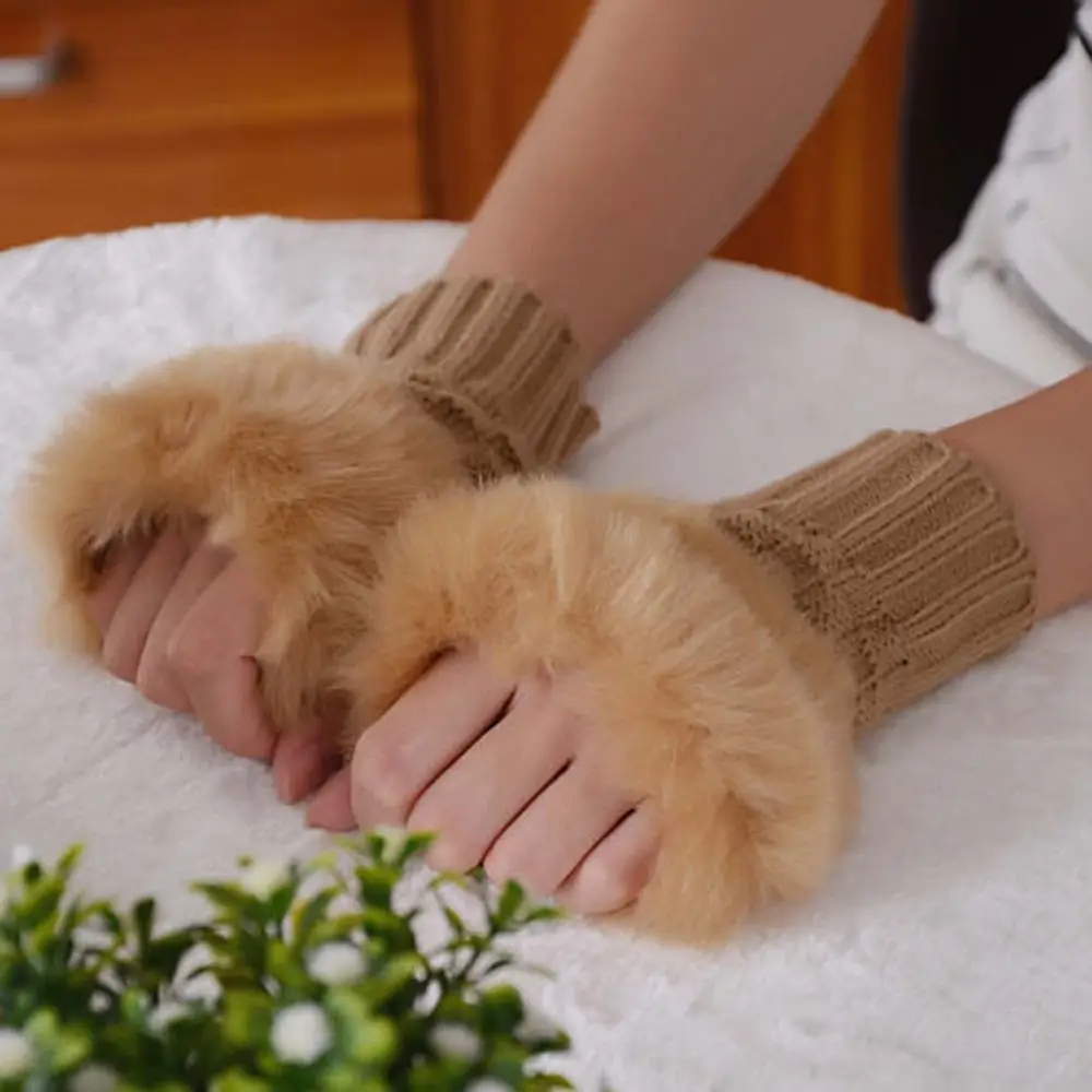 أصابع القفازات القيادة قفازات بلون الأرنب الفراء القفازات الشتاء قفازات محبوكة قفازات الإناث قفازات نصف اصبع #4