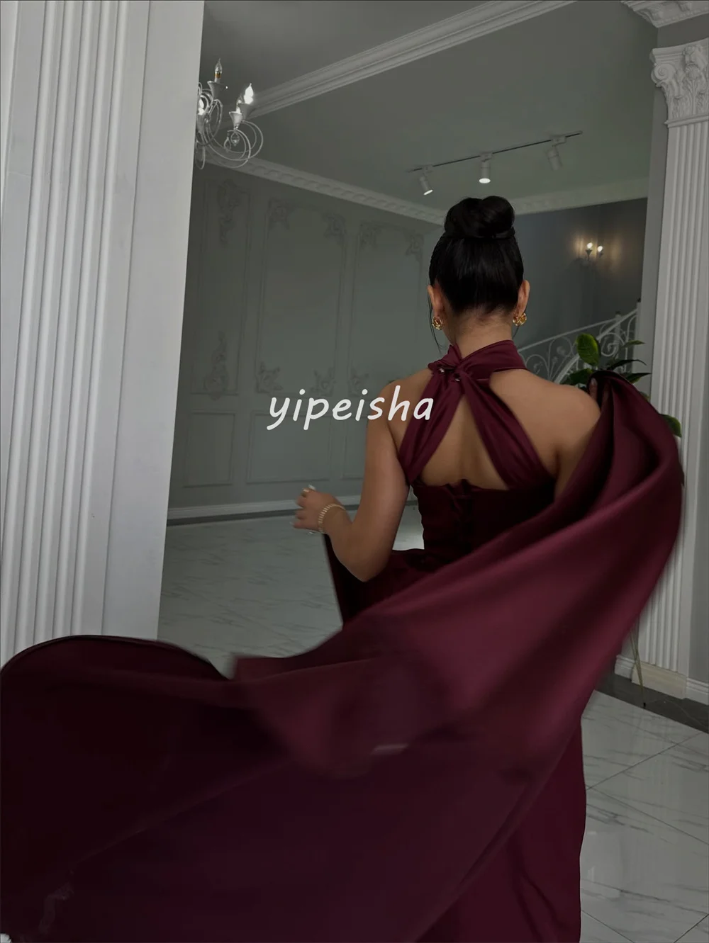 تخصيص رائعة كلاسيكية جيرسي الطية مستقيم الياقة العالية فساتين طويلة مخصصة فساتين المناسبات النمط الصيني الرائع