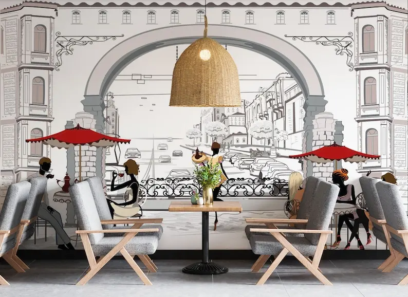 Sketch Design Coffee Shop Wallpaper, Removable French Cafe Mural, Stylish Modern Customizable Bakery Cafe Poster