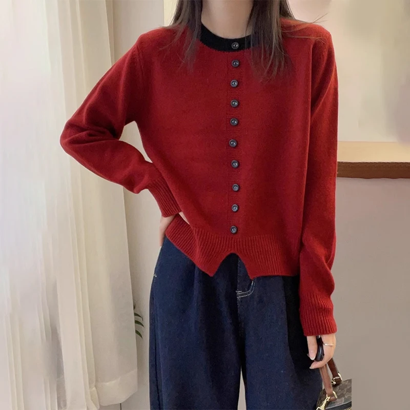 Korean Contrast Color Round Neck Long Sleeve Button Knitted Sweater For Women