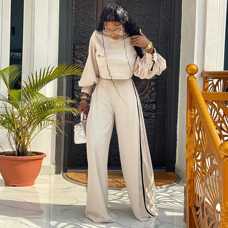 2023 Autumn Women Two Piece Pant Sets Loose Round Neck Long Flare Sleeve Tops Pullover Wide Leg Pants Suit Normal Office Lady