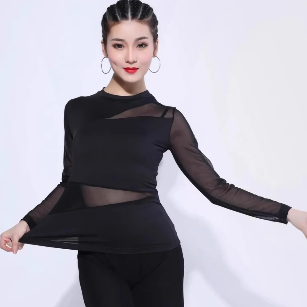 Dancing Top Short Sleeve Samba Latin Dance New Professional Dance Dress Ball Mesh Sexy Shirt Round Neck
